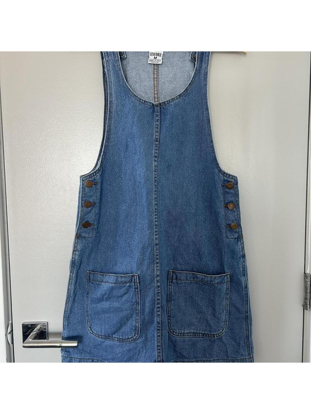 90s blue denim overall dress with button front and pockets